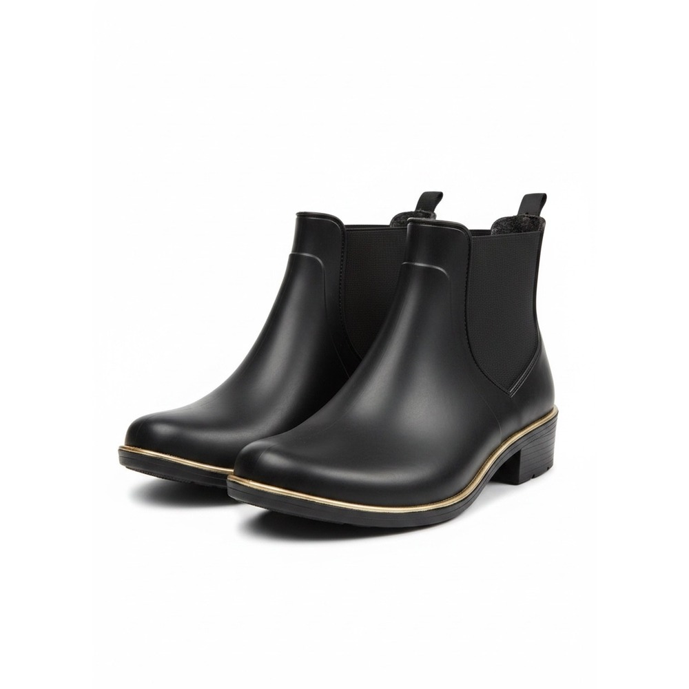 Kate Spade Rain Boots 10 Black Gold Trim Bow‎ Chelsea Ankle Boot Preppy Chic